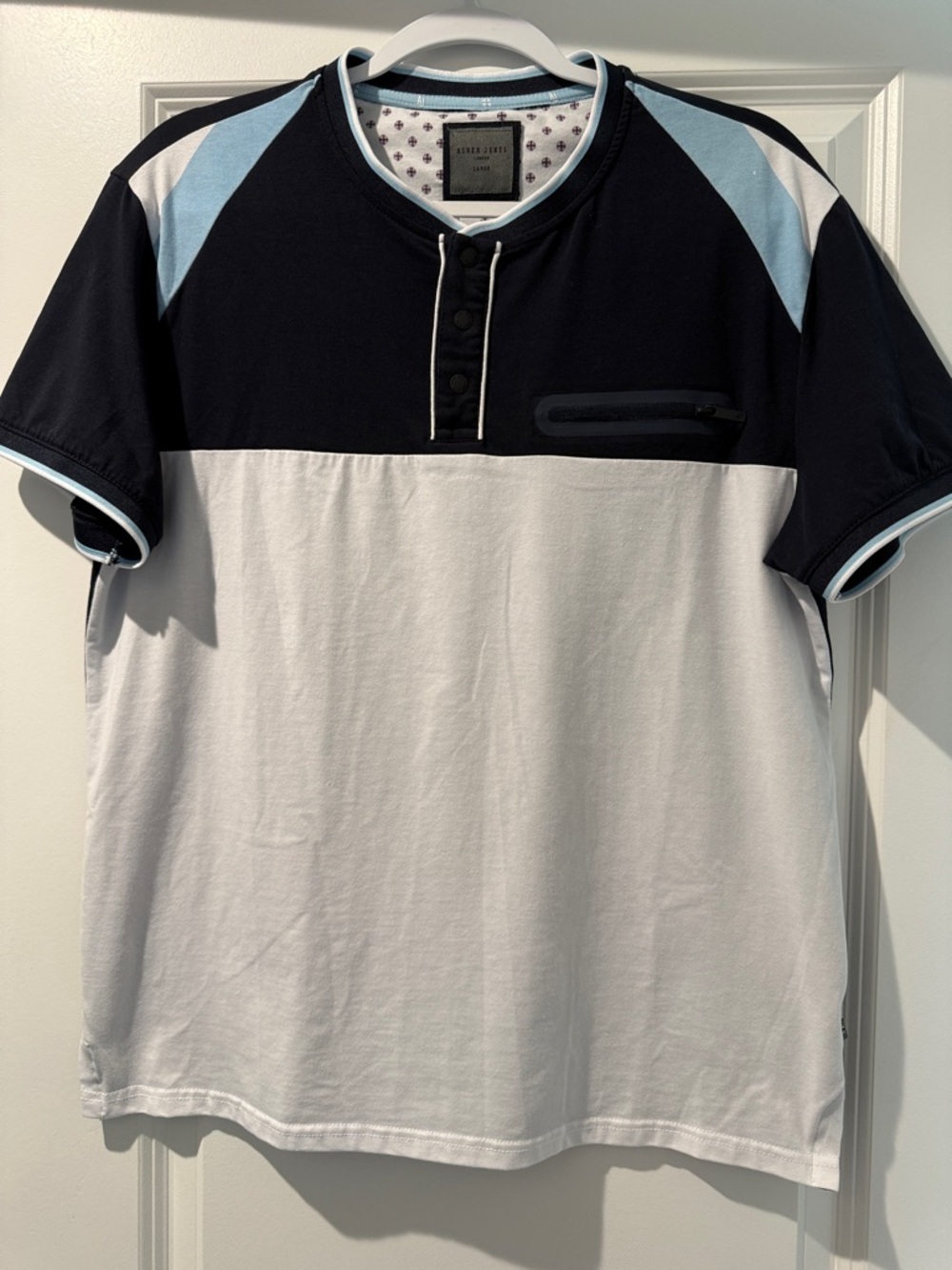 Colorblock Henley Tee — Navy, Light Blue & White